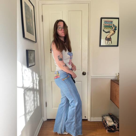 70s Vintage Faded Glory Light Wash Bell Bottoms w. Plaid Detailing - Picture 2 of 15